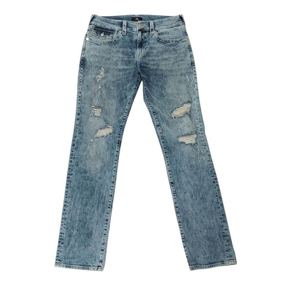 True Religion Jeans 32x33 Blue GENO Relaxed Slim Acid Wash Distressed Stretch